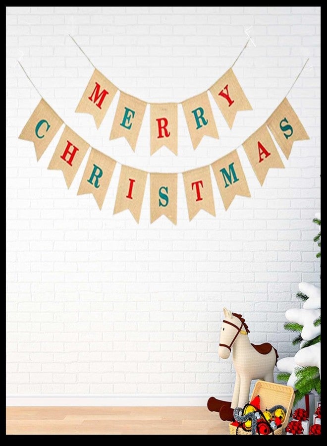 Haoser Merry Christmas Banner | 14 Flag Paper Bunting Decoration | 4x6 Inch Hessian Burlap Style Christmas Party Banner | Festive Wall Hanging Xmas Decoration for Home, Office & Events - Image 2